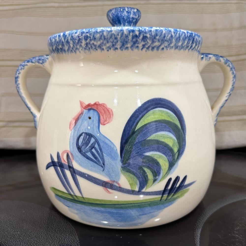 Los Angeles Pottery Ceramic Country Style Rooster Bean Jar Blue Speckled Lid